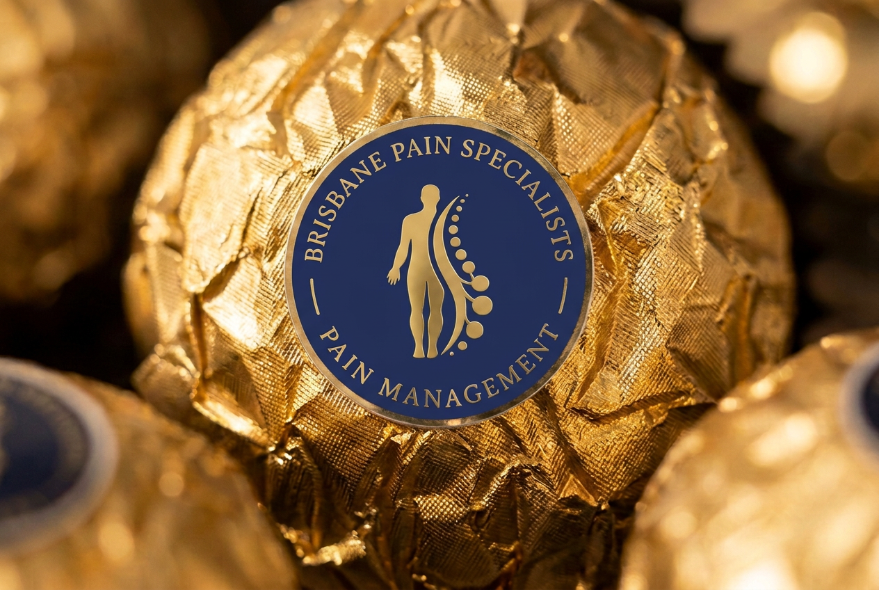 Gold foil welcome chocolates embossed with the Brisbane Pain Specialists logo