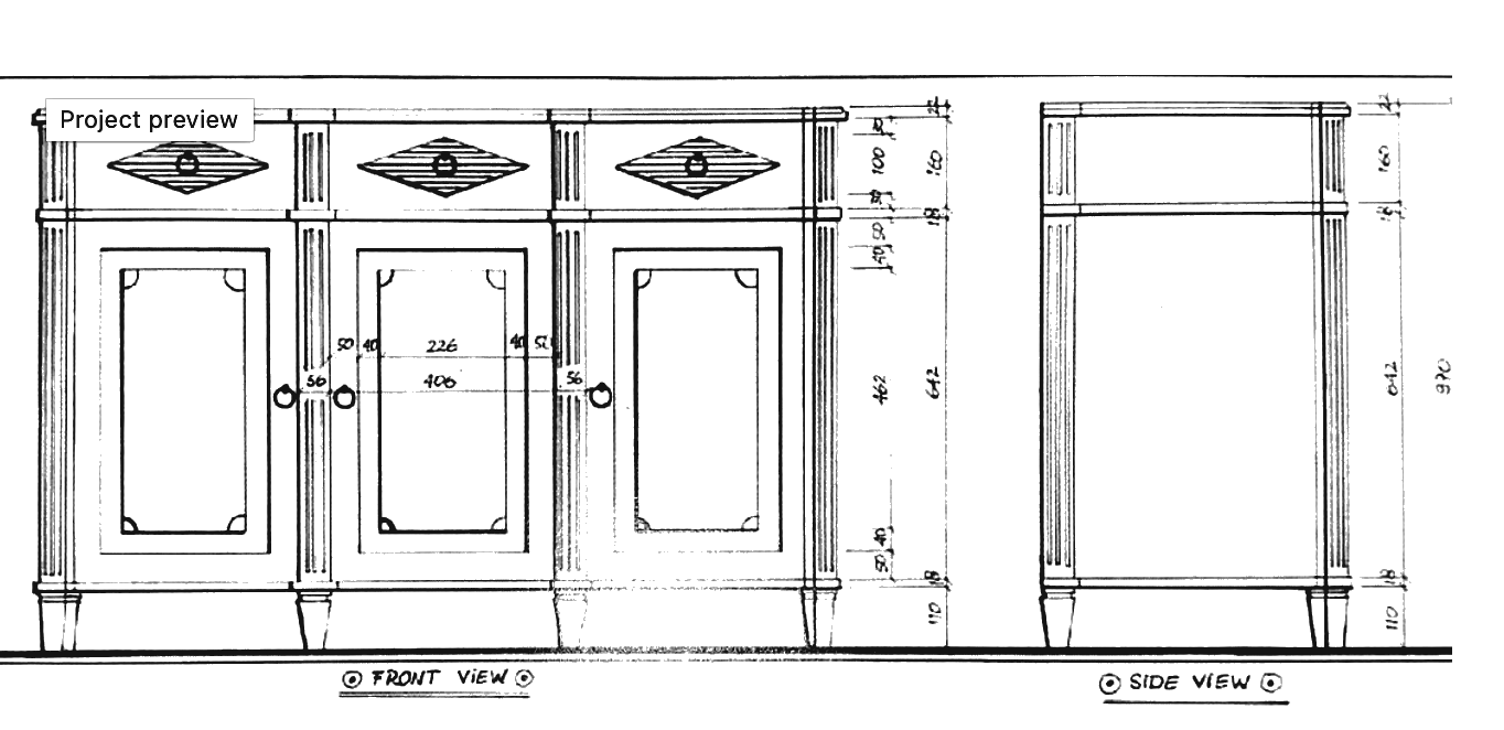 Technical drawing of a three door Madeleine sideboard with front, side and top elevations