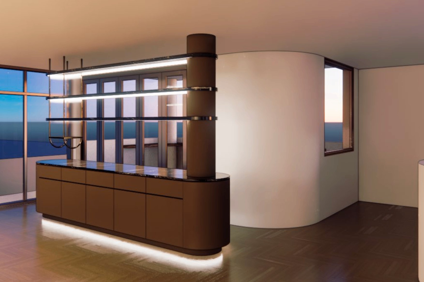 Ascot Residence bar and cabinetry with sunset window views