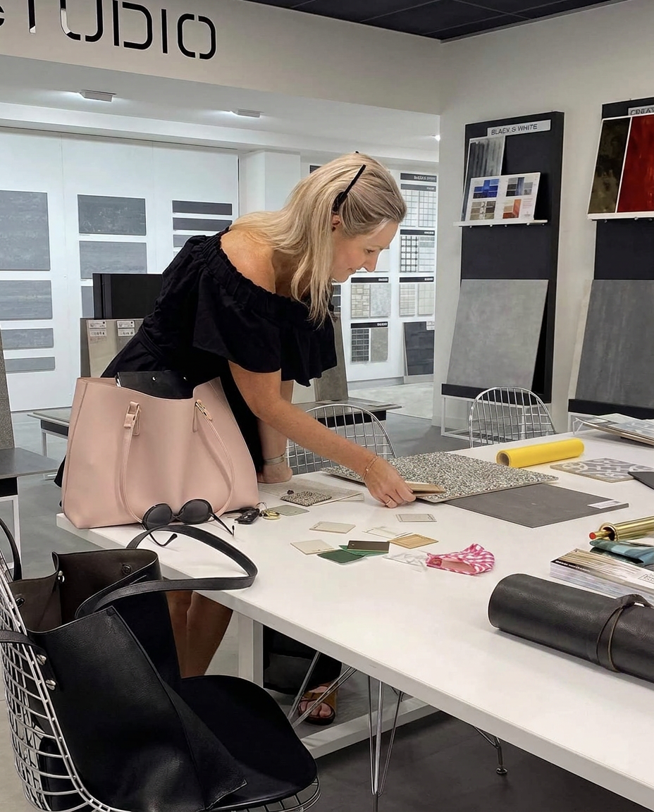 Nina Hillenberg selecting tiles and material samples in the Studio Hillenberg materials library