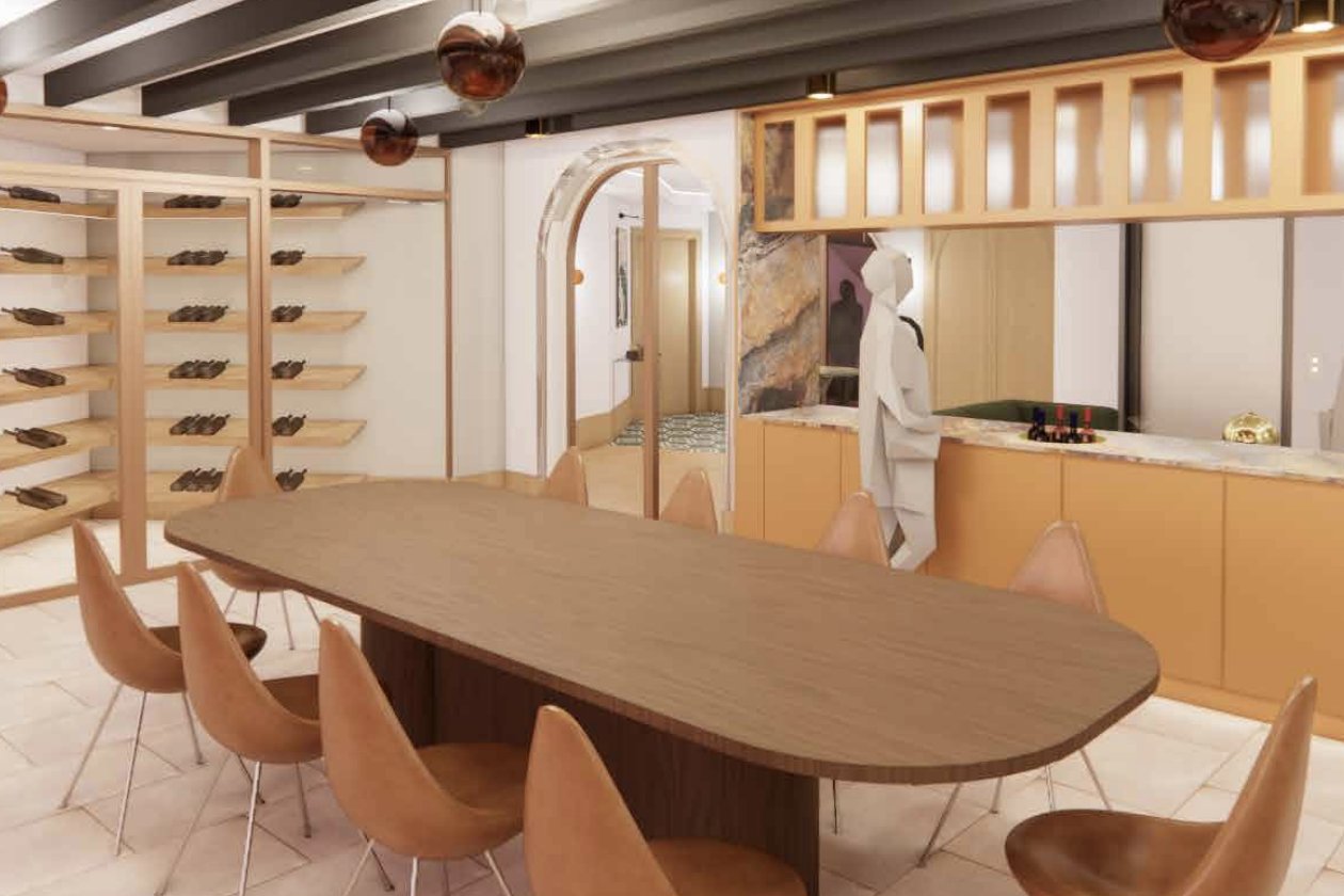 Ascot Residence wine cellar dining with climate controlled shelving